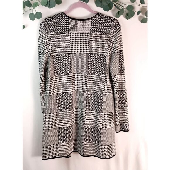 Talbots Plaid Open Sweater S Faux Leather Trim Double Knit Jacket Cardigan - Picture 3 of 6